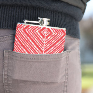 a red and white background with a diamond pattern hip flask