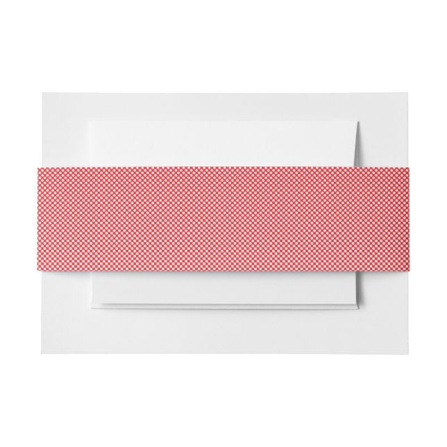 a red and white background with small squares invitation belly band (Front Example)