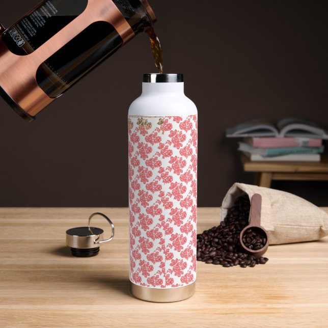 a red and white flower pattern on a white backgrou water bottle (Coffee)