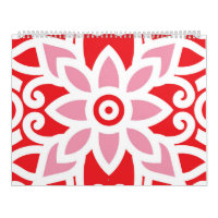 a red and white pattern with a flower on it