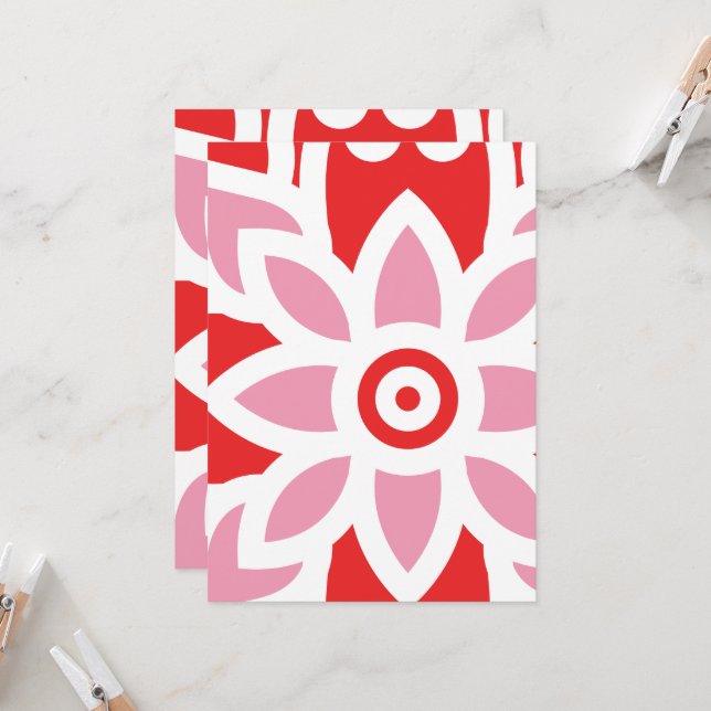 a red and white pattern with a flower on it invitation (Front/Back In Situ)