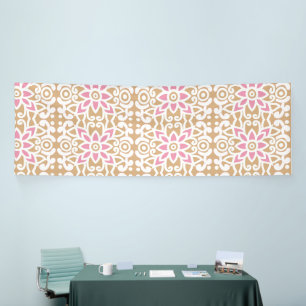 A red and white patterned image featuring a diamon banner