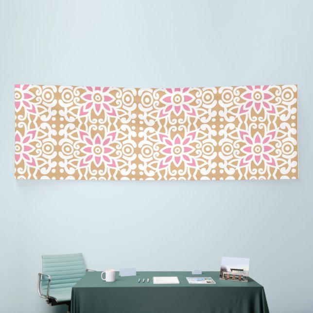 A red and white patterned image featuring a diamon banner (Tradeshow)