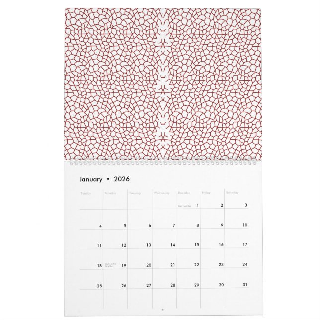a red and white wallpaper with a pattern on it calendar (Jan 2026)