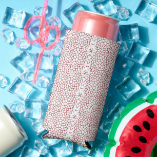 a red and white wallpaper with a pattern on it seltzer can cooler