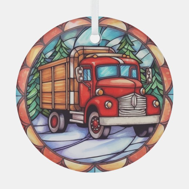 A Red Christmas Truck Stained Glass Glass Tree Decoration (Front)