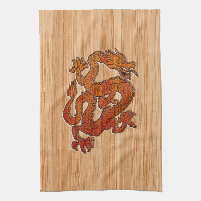 A red Dragon on Bamboo like Tea Towel (Vertical)