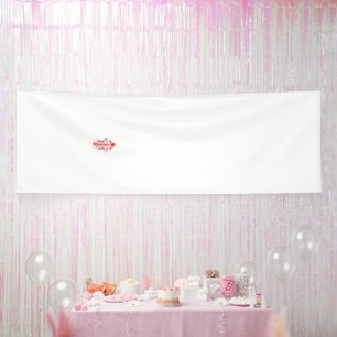 A red floral design prominently displayed on a whi banner