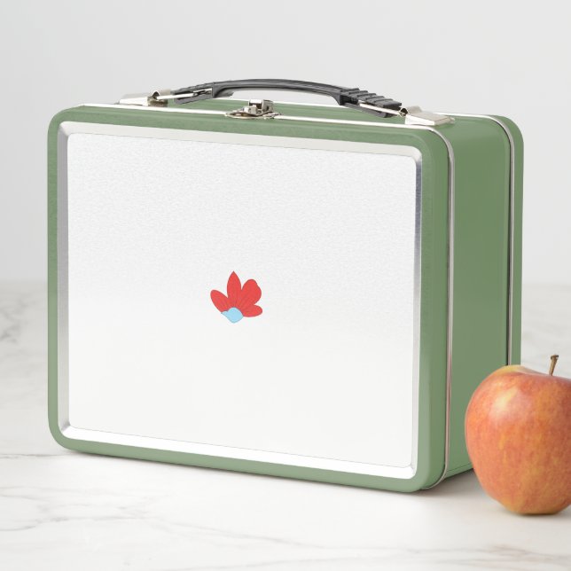 a red flower with a blue centre metal lunch box (In Situ)