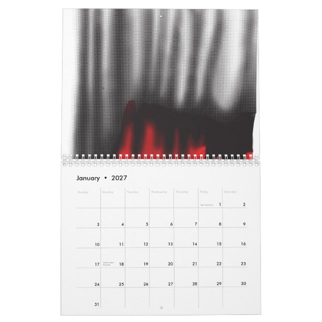A red graphic design featuring bold geometric shap calendar (Jan 2027)