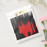 A red graphic design featuring bold geometric shap
