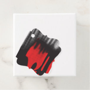 A red graphic design featuring bold geometric shap favour tags