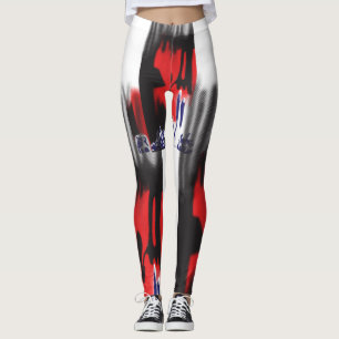 A red graphic design featuring bold geometric shap leggings
