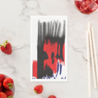 A red graphic design featuring bold geometric shap