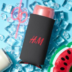 a red h and m logo on a black background seltzer can cooler