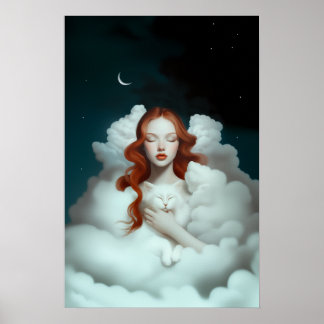 A Red Haired Woman Holding a Cat In The Clouds  Poster