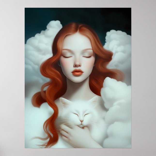 A Red Haired Woman Holding a Cat In The Clouds  Poster (Front)