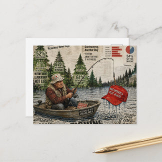 A red hat caught by a disappointed fisherman postcard