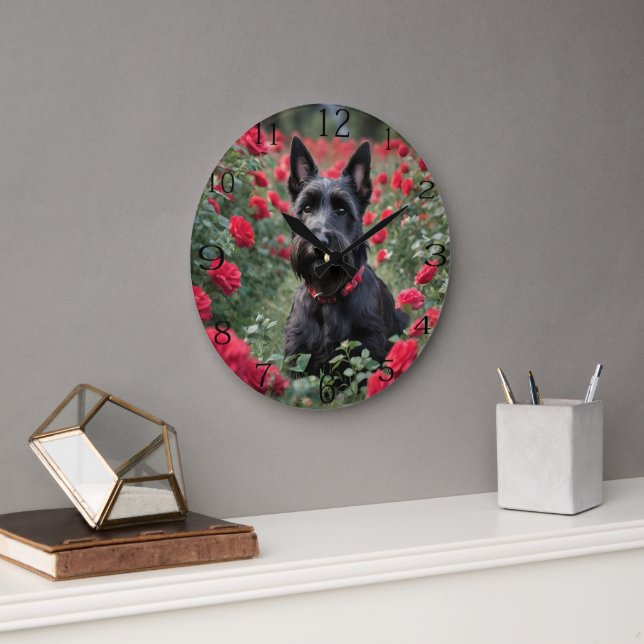 "A Red Rose for the Black Scottish Terrier" Large Clock (Office)