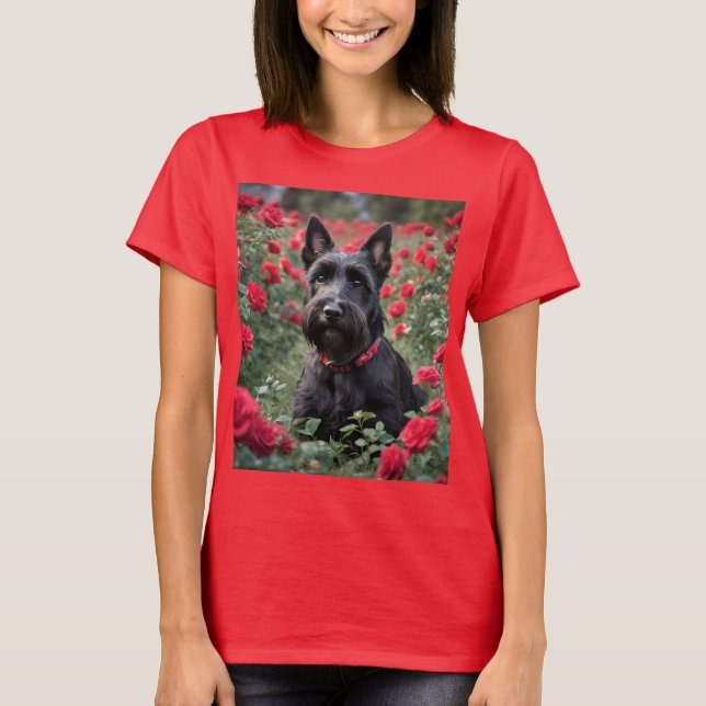 "A Red Rose for the Black Scottish Terrier" T-Shirt (Front)