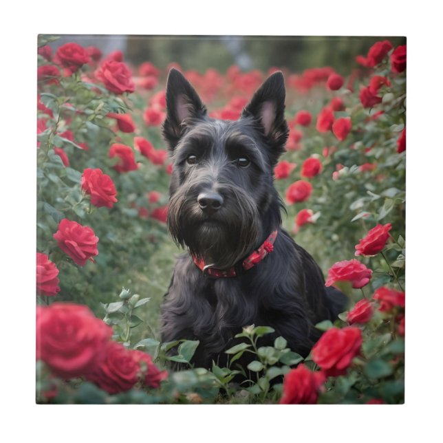"A Red Rose for the Black Scottish Terrier" Tile (Front)