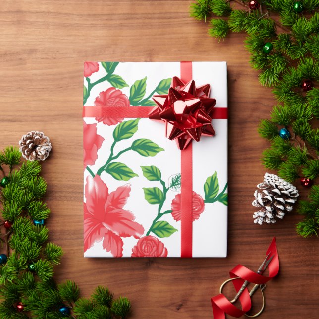 A red rose with detailed petals, depicted in a cli wrapping paper (Holiday Gift)