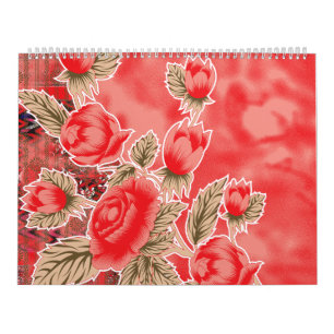 a red scarf with flowers on it calendar