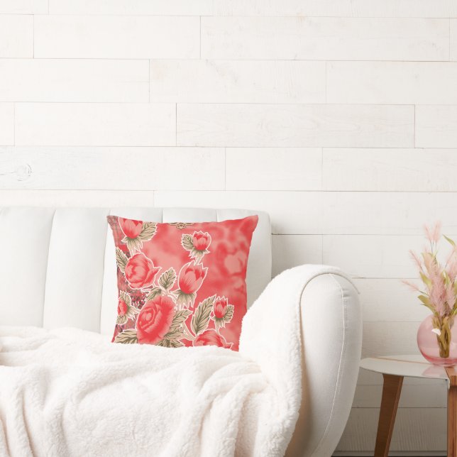a red scarf with flowers on it cushion (Couch)