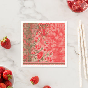 a red scarf with flowers on it napkin