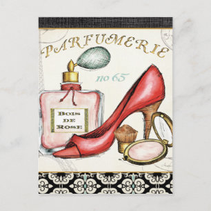 A Red Shoe, A Bottle of Perfume, and Blush Powder Postcard