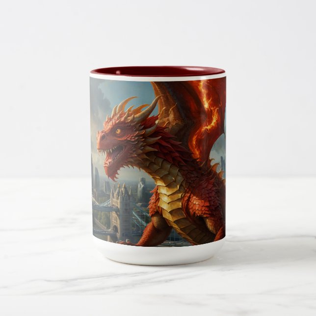 A Red Welsh Dragon Terrorizes London Two-Tone Coffee Mug (Center)