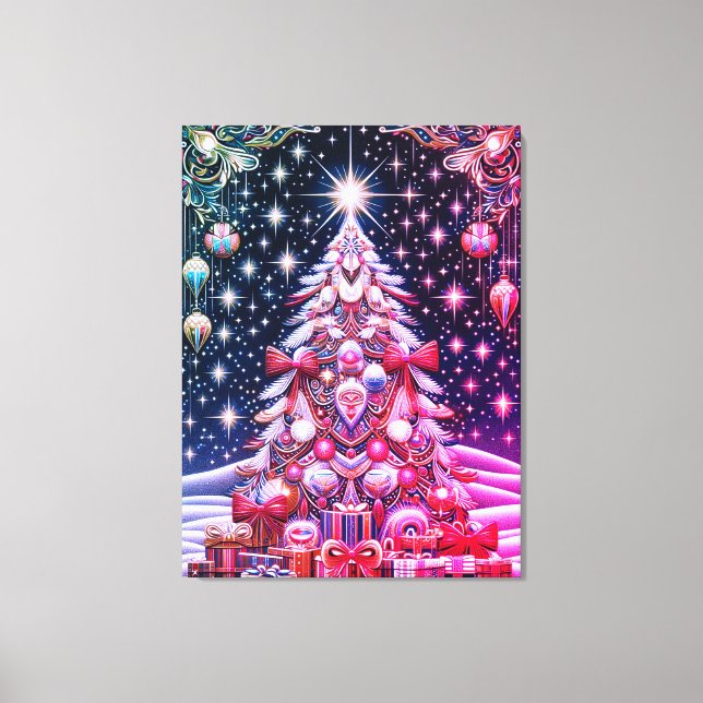 A Red White + Blue Christmas Tree Under a Dark Sky Canvas Print (Front)
