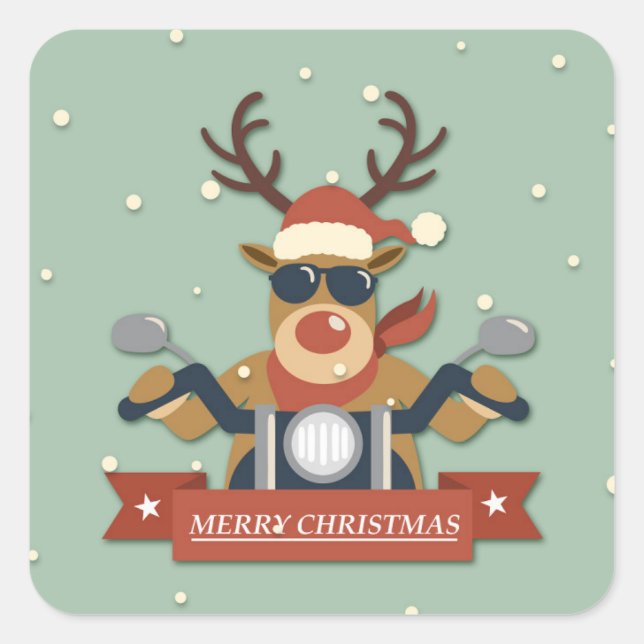 A reindeer sunglasses riding motorcycle square sticker (Front)