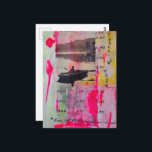 A Retro Boat Mixed Media Collage Pink Yellow Postcard<br><div class="desc">A collage made and photographed by Angelandspot in the year 2026 with vintage images from a magazine of a person in a boat and various textbook pages with pink and yellow paint</div>