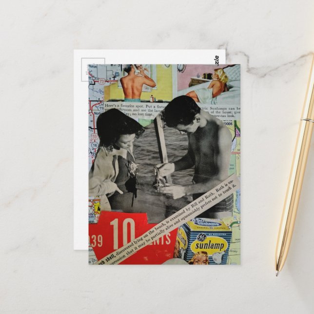 A Retro Day at the Beach Collage Postcard (Front/Back In Situ)