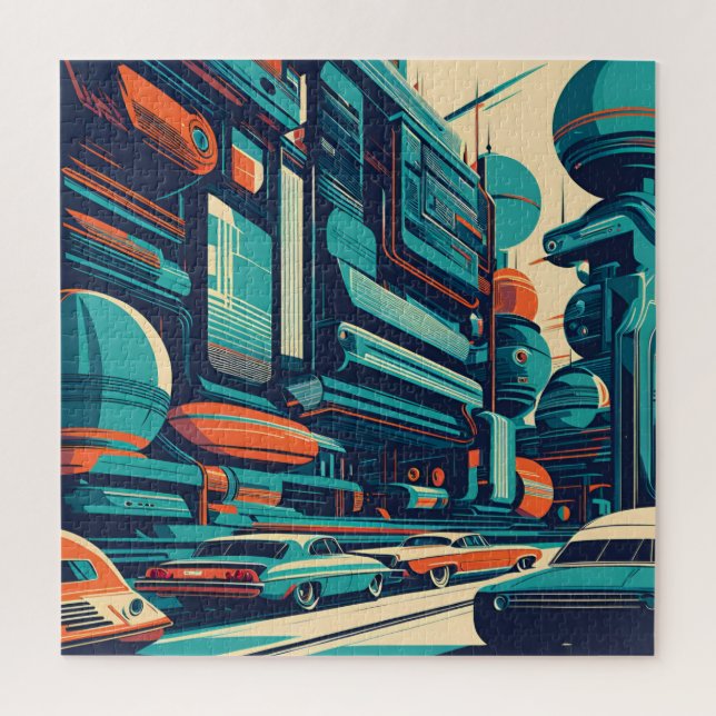 A retro-futuristic city jigsaw puzzle (Vertical)