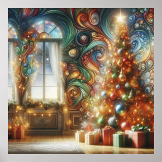 A Retro Style Christmas Tree With Presents on Wall Poster