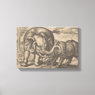 A rhino fights with an elephant, anonymous, after canvas print