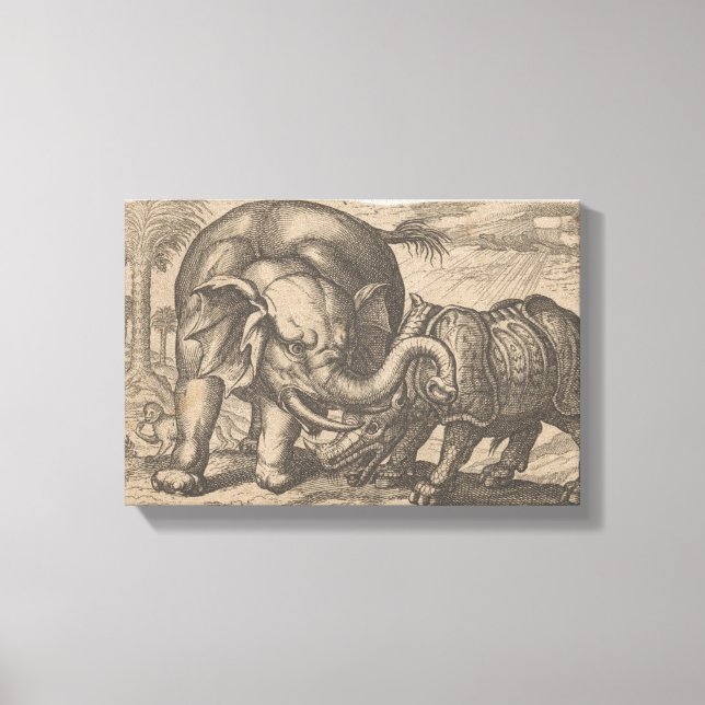 A rhino fights with an elephant, anonymous, after canvas print (Front)