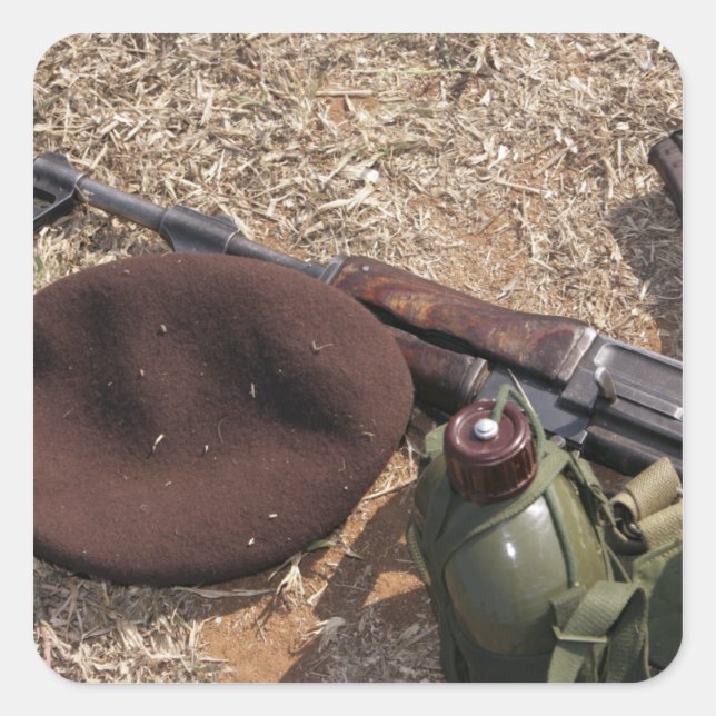 A rifle, military cover and canteen square sticker (Front)