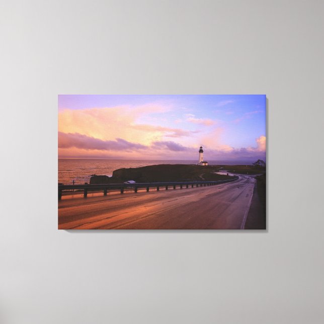 A Road & A Lighthouse Along The Coast At Sunset Canvas Print (Front)
