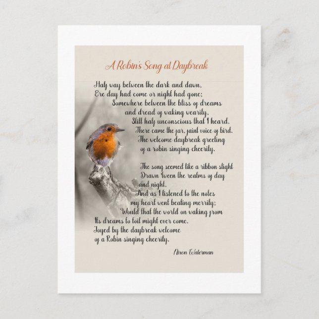 A Robin’s Song at Daybreak - Poem of N. Waterman Postcard (Front)
