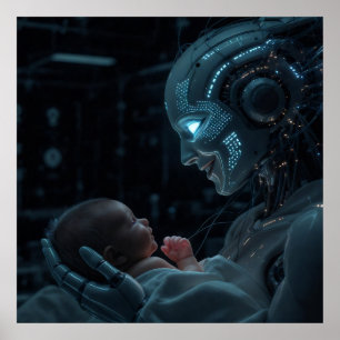 A robotic woman hanging a baby poster