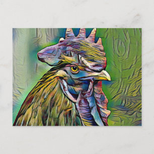 A rooster gazes intently into the distance postcard