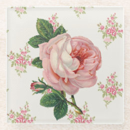 A Rose for a Rose Pink Vintage Floral Pattern Glass Coaster