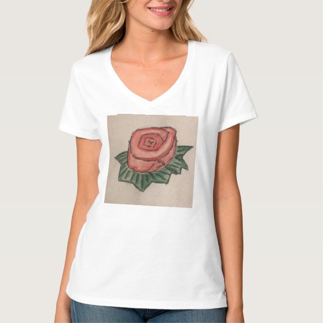 A rose v-neck Tee shirt with rose drawing (Front)