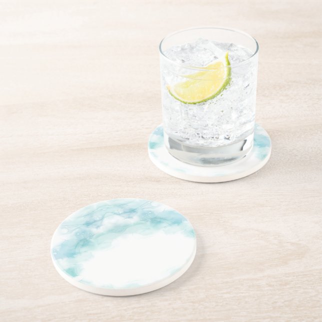 A round ceramic plate featuring a pale blue  coaster (Side)