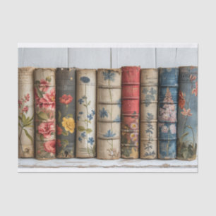 A Row of Books with Painted Flowers Tissue Paper