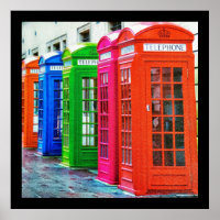 A Row of Brightly Coloured Telephone Boxes