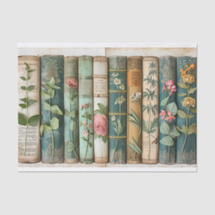 A Row of Old Books with Embellished Flowers Tissue Paper